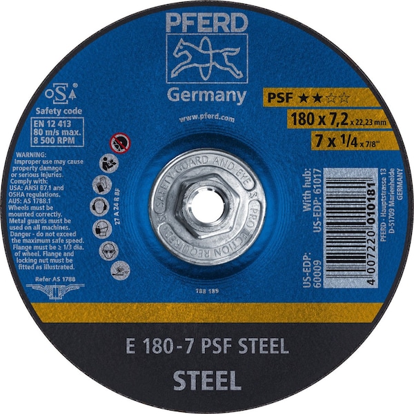 Pferd 60017 7in x 1/4in Grinding Wheel 5/8-11 A 24 R PSF- STEEL Type 27 60017-PFERD - main